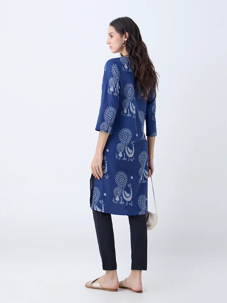 Utsa Indigo Peacock Design Cotton Straight Kurta - Image 4