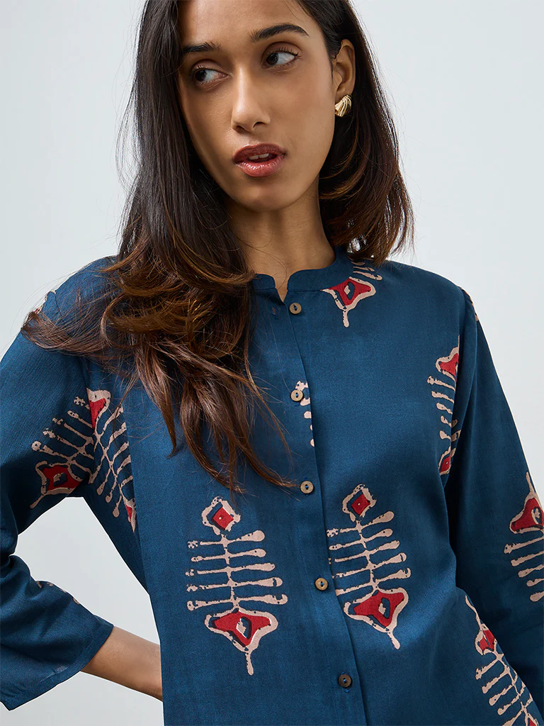 Utsa Indigo Printed A-Line Kurta - Image 3