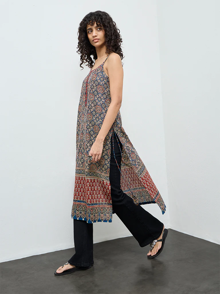 Utsa Indigo Printed Cotton A-Line Kurta - Image 2