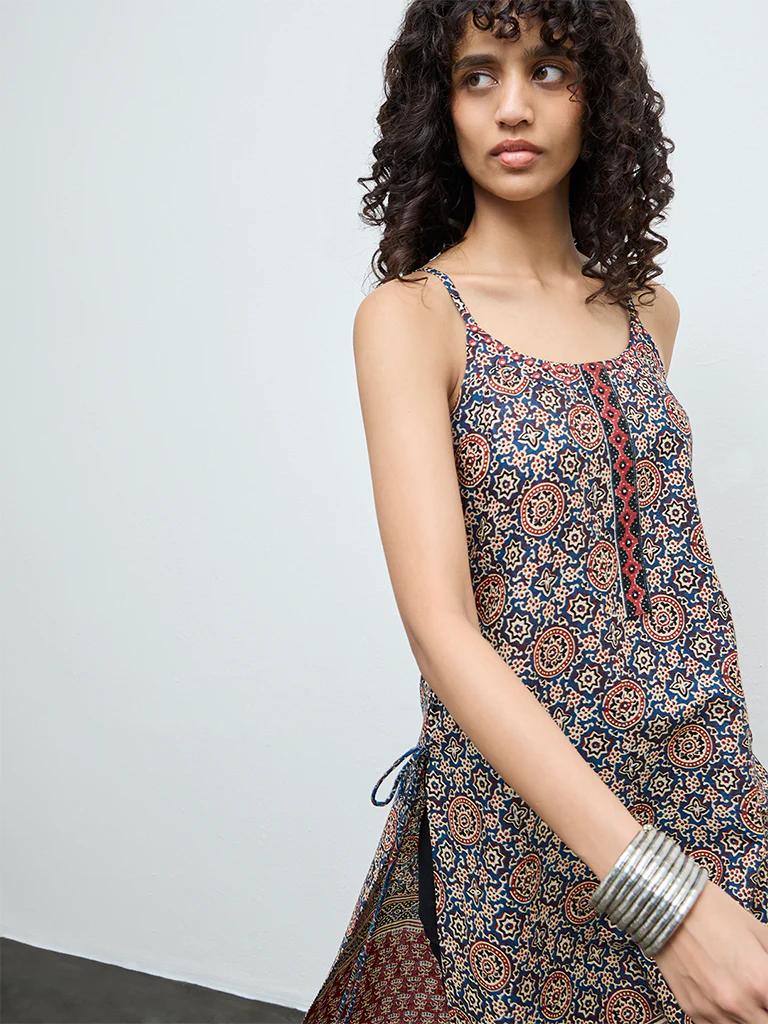 Utsa Indigo Printed Cotton A-Line Kurta - Image 3