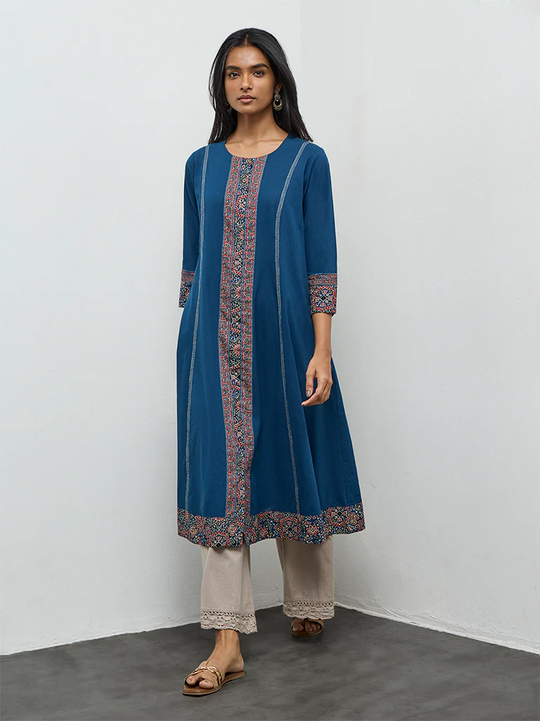 Utsa Indigo Printed Cotton A-Line Kurta - Image 2