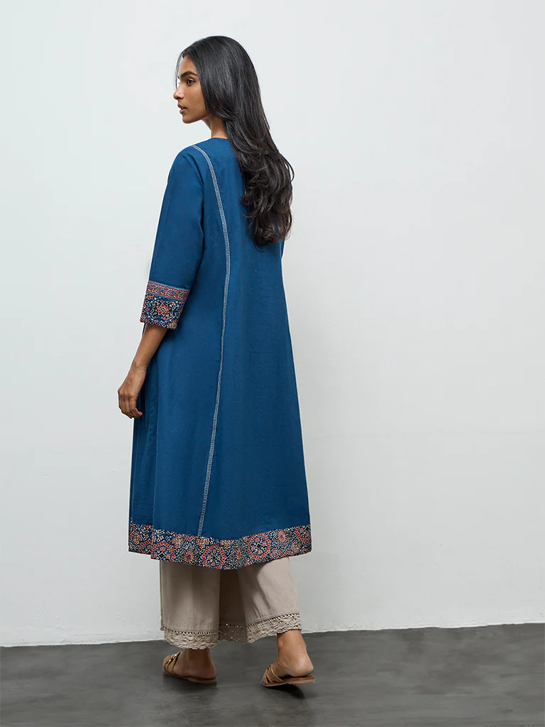 Utsa Indigo Printed Cotton A-Line Kurta - Image 4