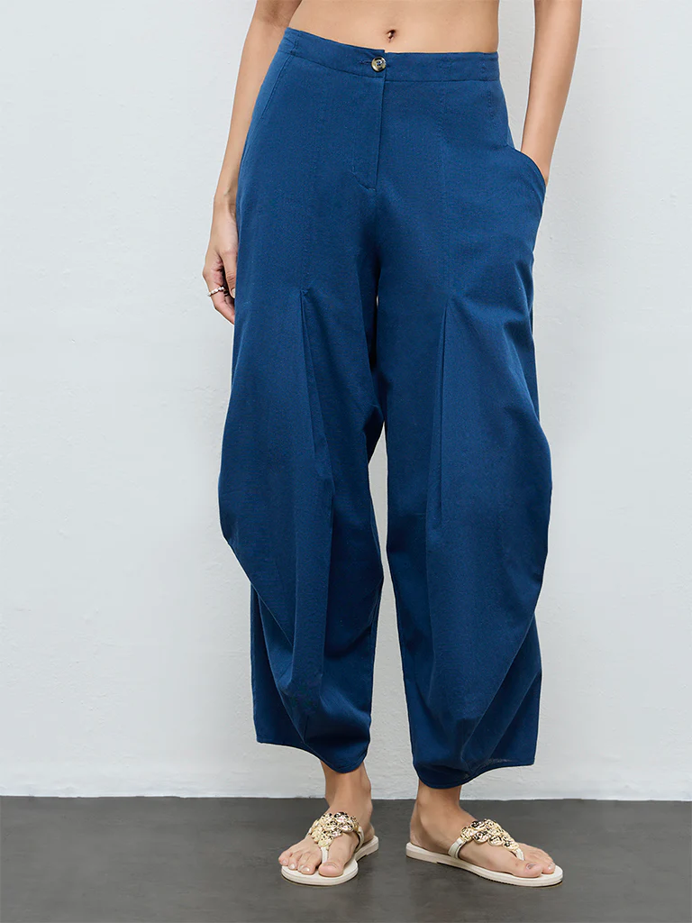 Utsa Indigo Solid Cotton-Blend Pants