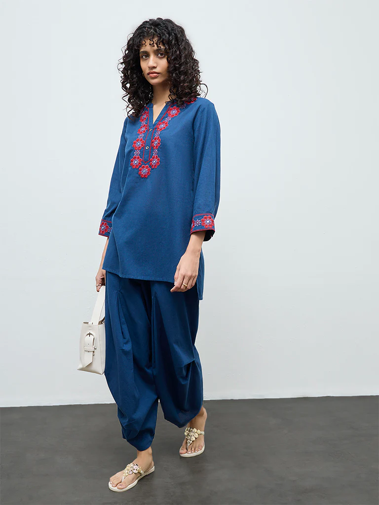 Utsa Indigo Solid Cotton-Blend Pants - Image 2