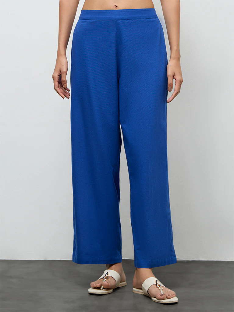 Utsa Indigo Solid Cotton-Blend Pants