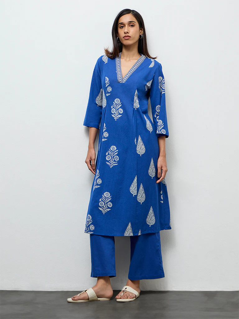 Utsa Indigo Solid Cotton-Blend Pants - Image 2