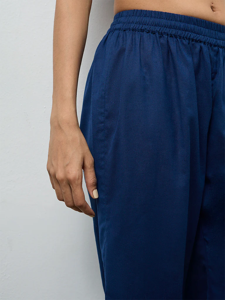 Utsa Indigo Solid Cotton-Blend Pants - Image 3
