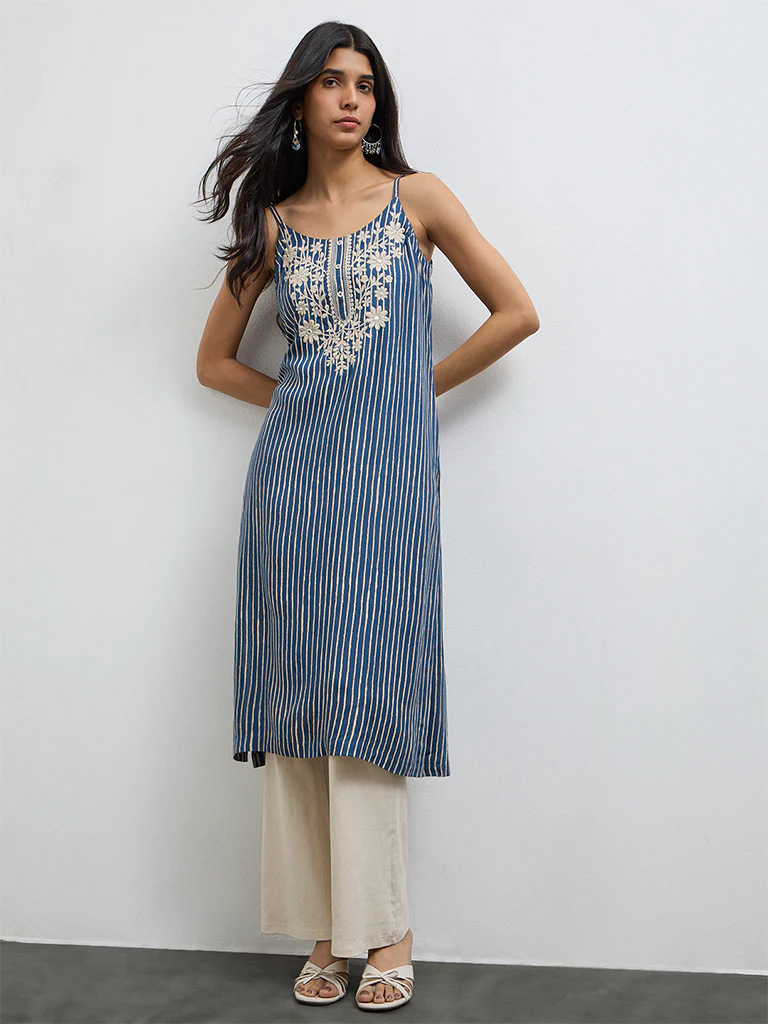 Utsa Indigo Striped A-Line Kurta