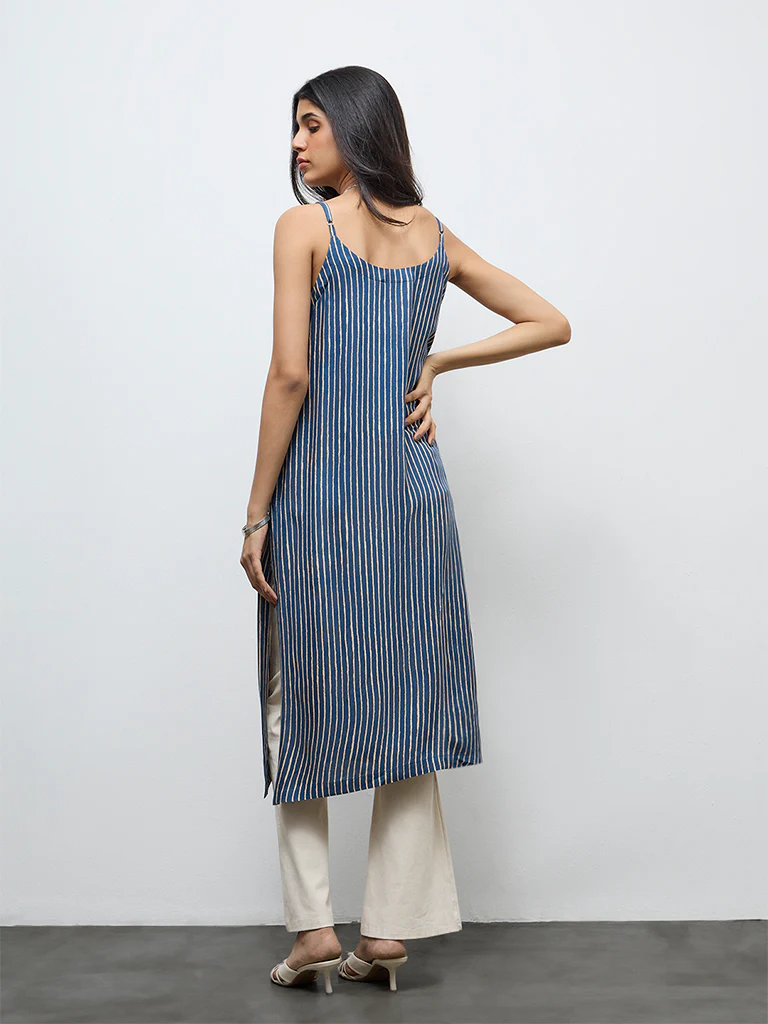 Utsa Indigo Striped A-Line Kurta - Image 4