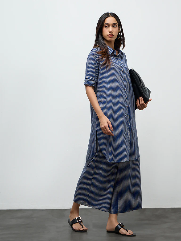 Utsa Indigo Striped Cotton A-Line Kurta - Image 2