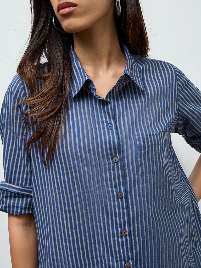 Utsa Indigo Striped Cotton A-Line Kurta - Image 3