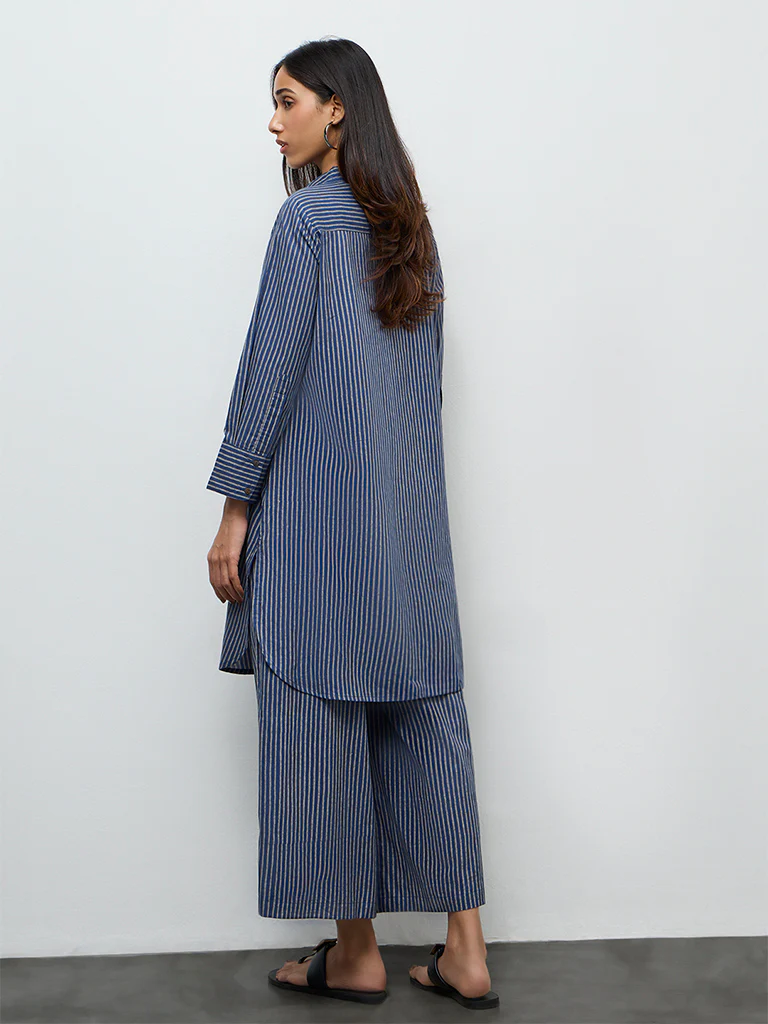 Utsa Indigo Striped Cotton A-Line Kurta - Image 4