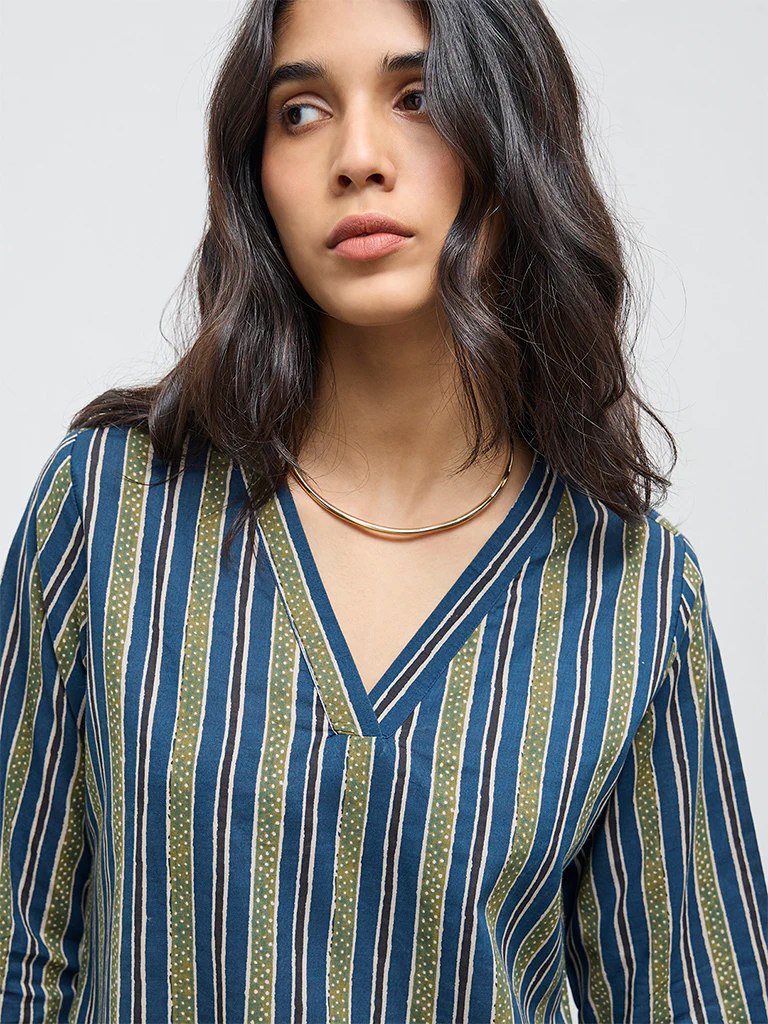 Utsa Indigo Striped Cotton Straight Kurta - Image 3
