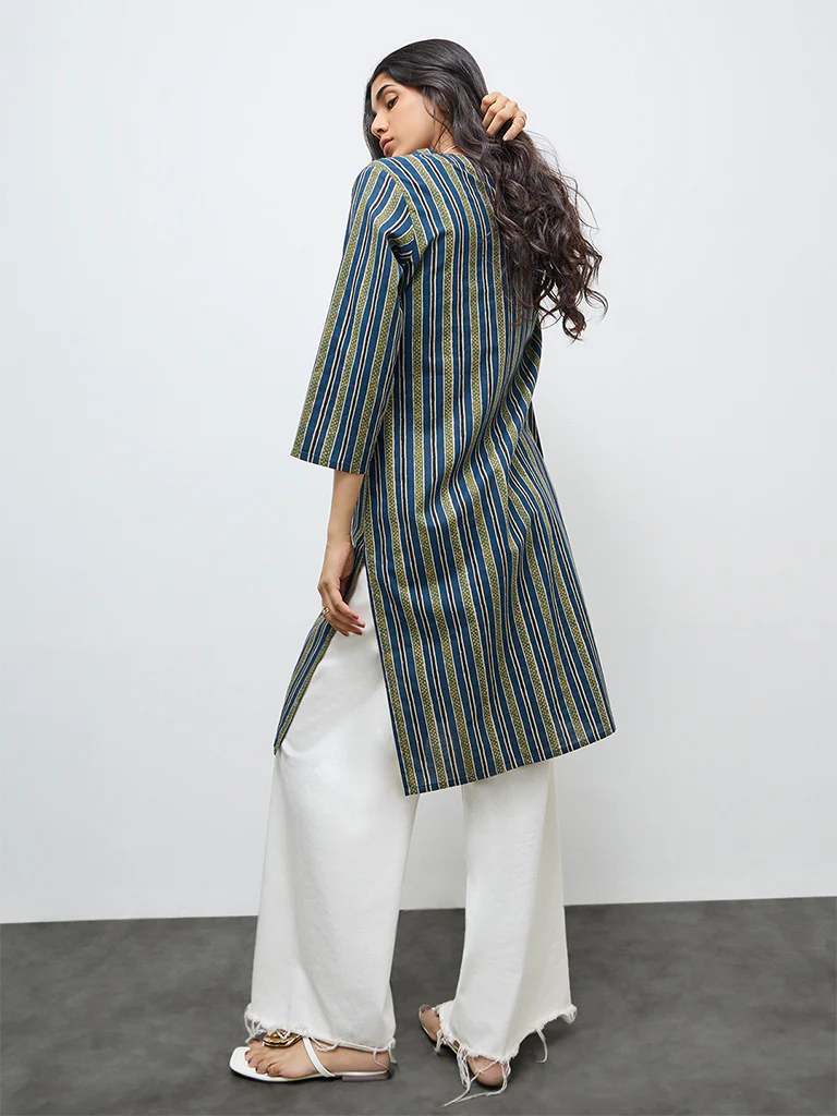 Utsa Indigo Striped Cotton Straight Kurta - Image 4