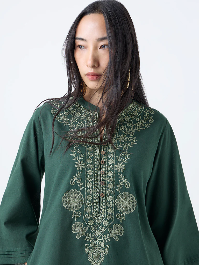 Utsa Jade Green Floral Embroidered Cotton-Blend A-Line Kurti - Image 3
