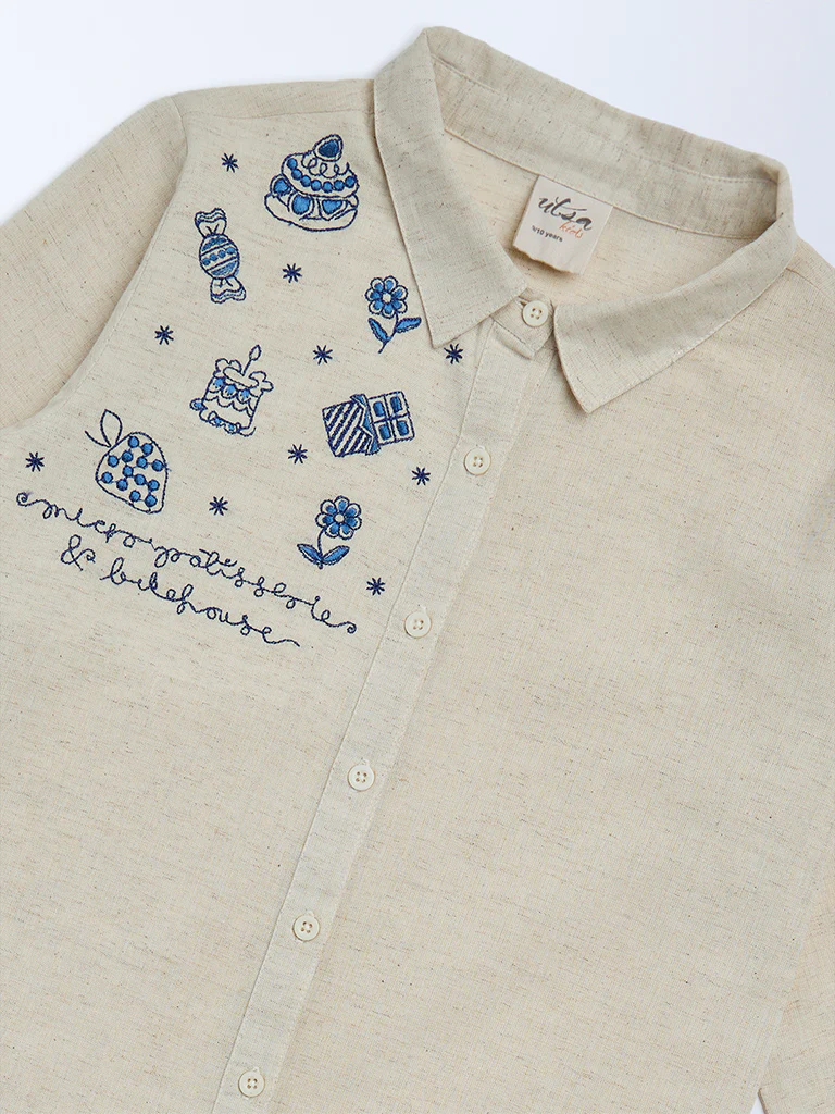 Utsa Kids Girls Beige Embroidered Cotton-Blend Tunic - (8-14 yrs) - Image 3