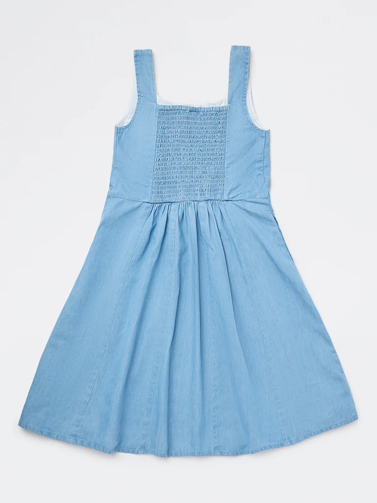 Utsa Kids Girls Blue Embroidered A-Line Denim Dress - (8-14 yrs) - Image 2
