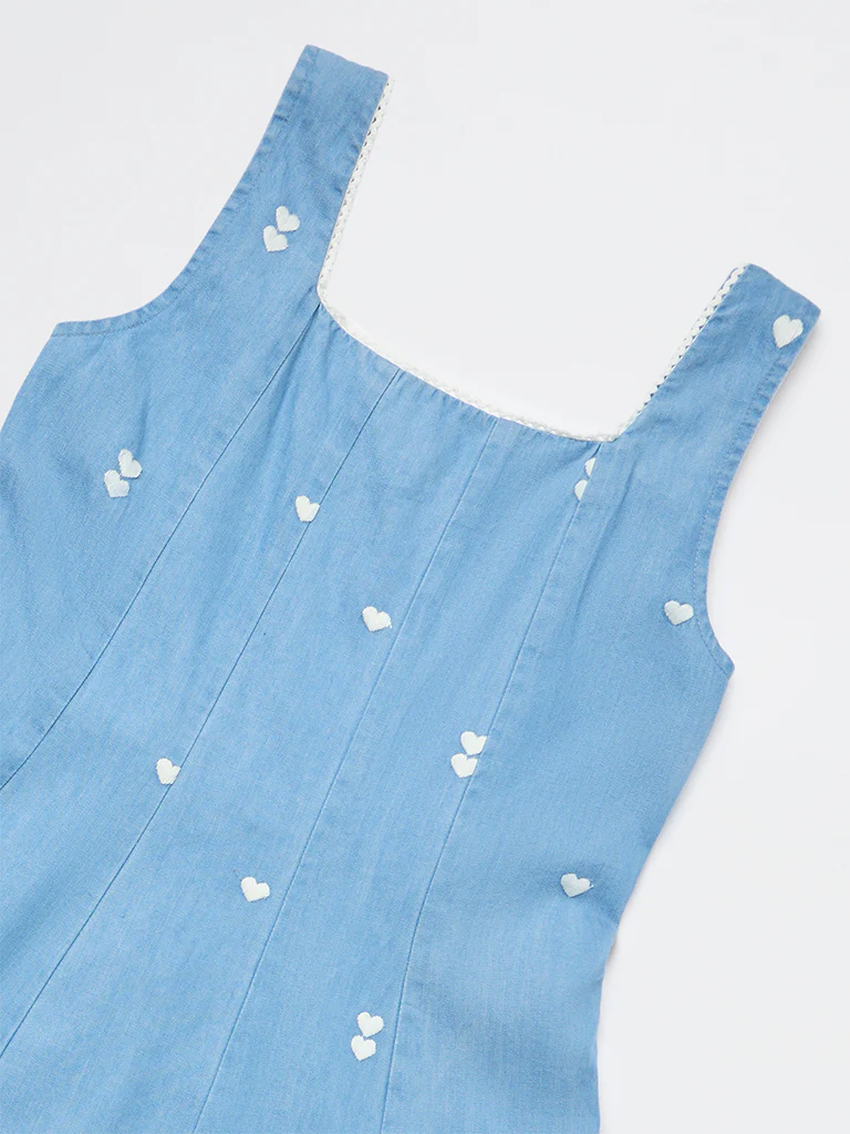 Utsa Kids Girls Blue Embroidered A-Line Denim Dress - (8-14 yrs) - Image 3