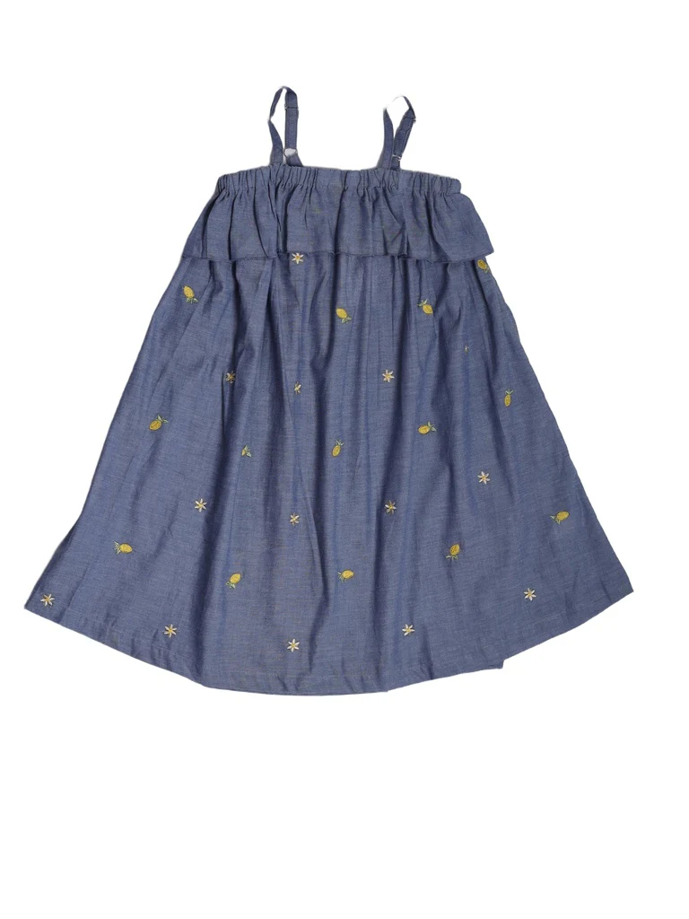 Utsa Kids Girls Blue Embroidered Cotton A-line Dress - (8-14 yrs) - Image 3