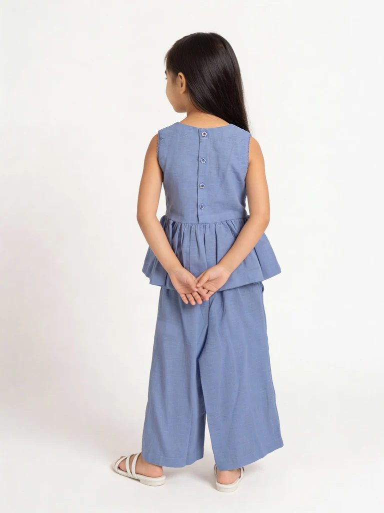 Utsa Kids Girls Blue Embroidered Cotton Peplum Top - (2-8 yrs) - Image 2