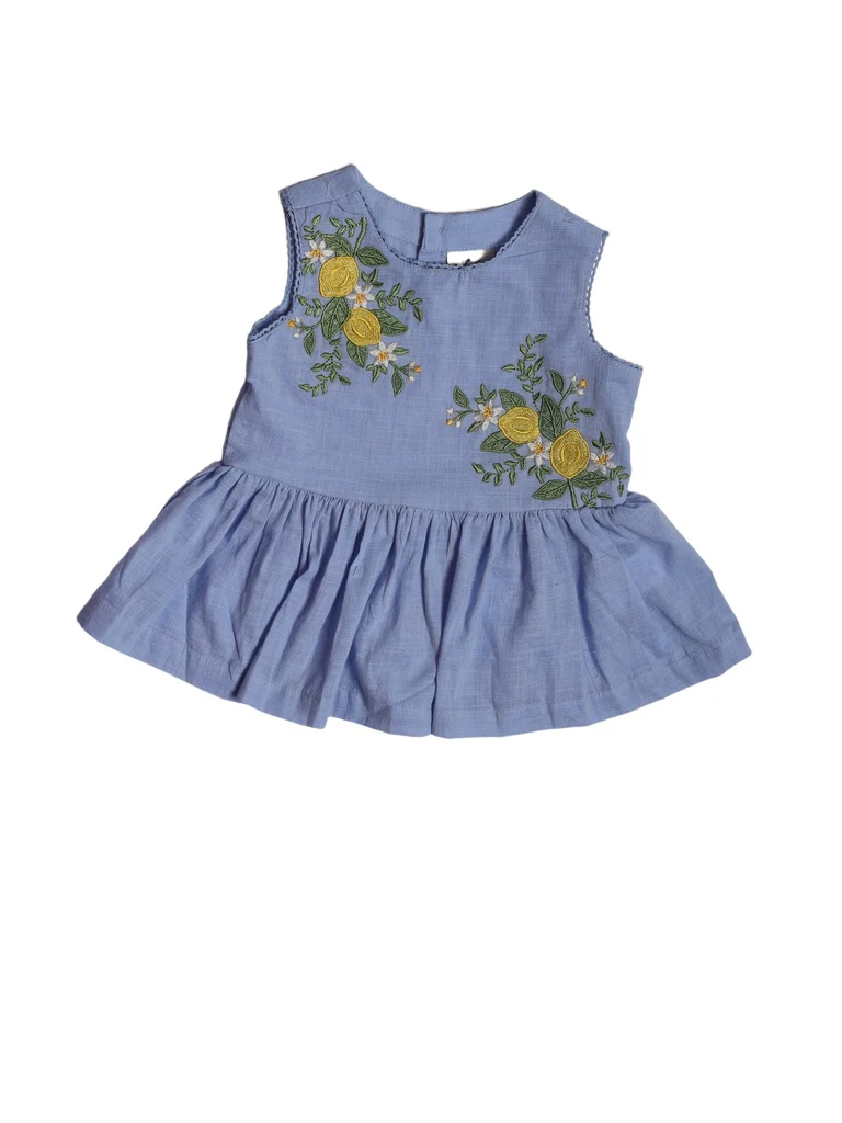 Utsa Kids Girls Blue Embroidered Cotton Peplum Top - (2-8 yrs) - Image 3