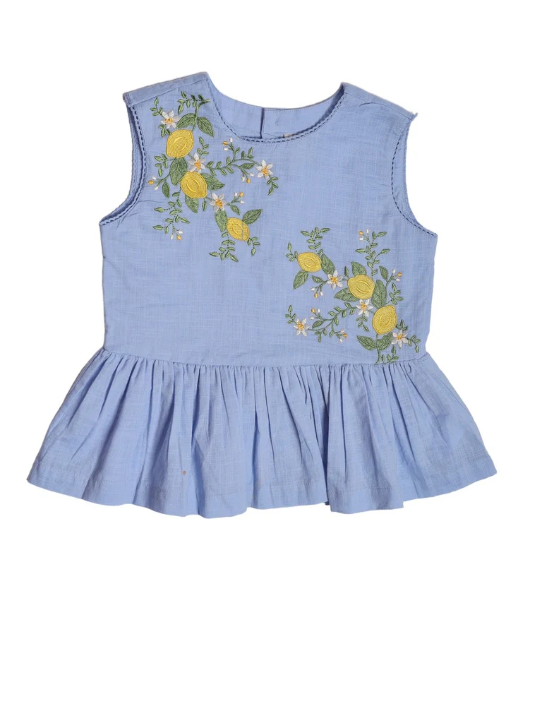 Utsa Kids Girls Blue Embroidered Cotton Peplum Top - (8-14 yrs) - Image 3