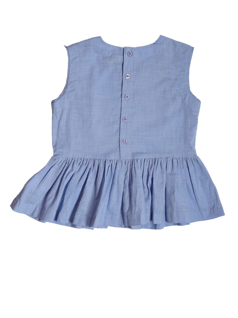 Utsa Kids Girls Blue Embroidered Cotton Peplum Top - (8-14 yrs) - Image 4