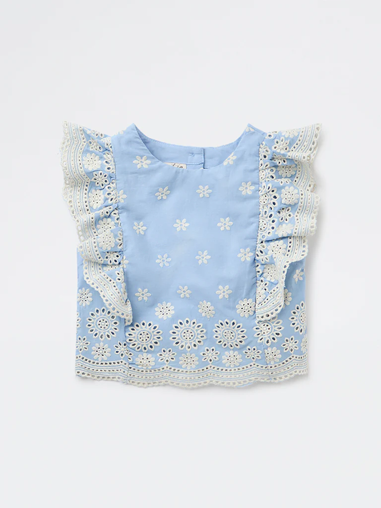 Utsa Kids Girls Blue Embroidered Cotton Top - (2-8 yrs) - Image 3