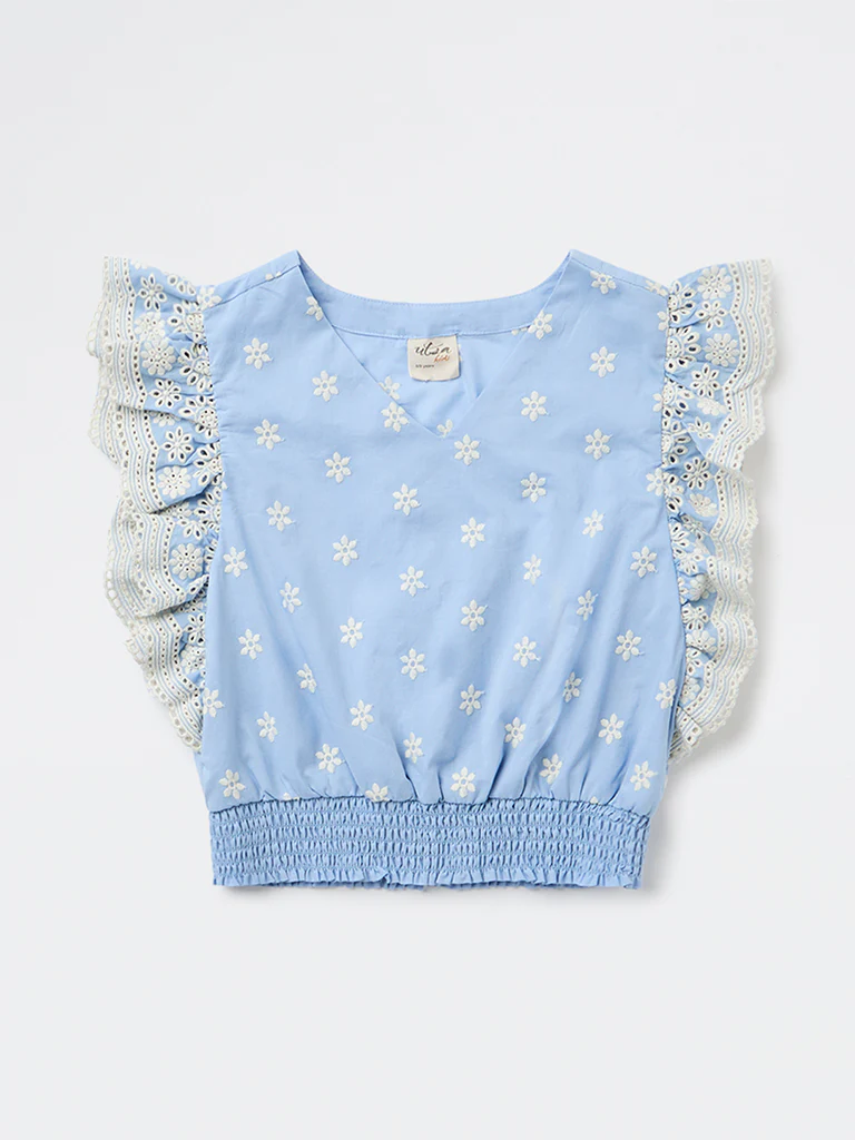 Utsa Kids Girls Blue Embroidered Cotton Top - (8-14 yrs) - Image 3