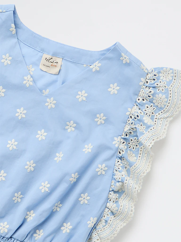 Utsa Kids Girls Blue Embroidered Cotton Top - (8-14 yrs) - Image 5