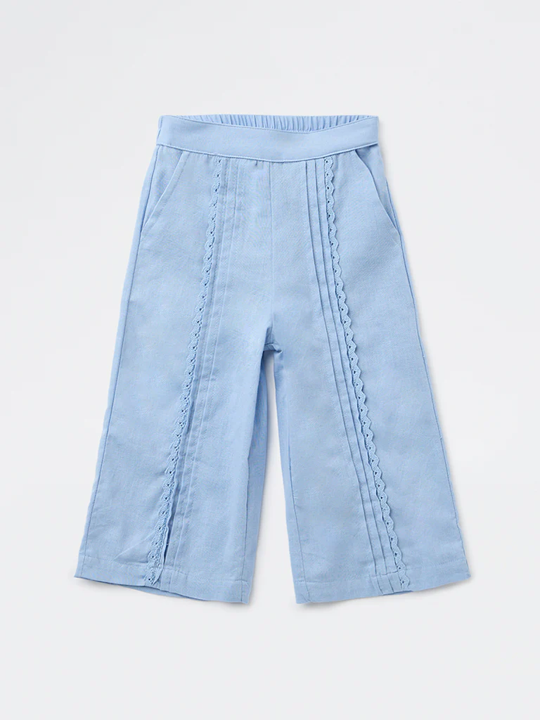 Utsa Kids Girls Blue Embroidered High-Rise Cotton-Blend Pants - (2-8 yrs) - Image 3