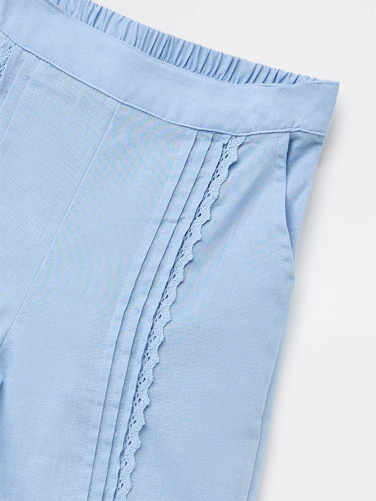 Utsa Kids Girls Blue Embroidered High-Rise Cotton-Blend Pants - (8-14 yrs) - Image 3