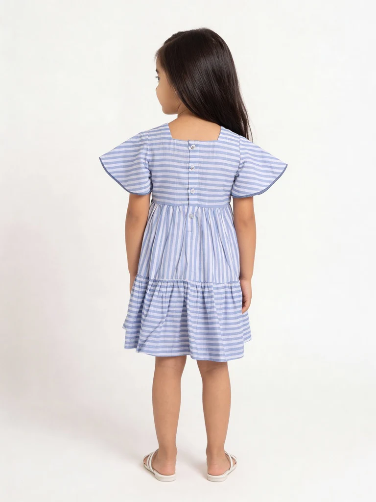 Utsa Kids Girls Blue Embroidered Tiered Cotton Dress - (2-8 yrs) - Image 2