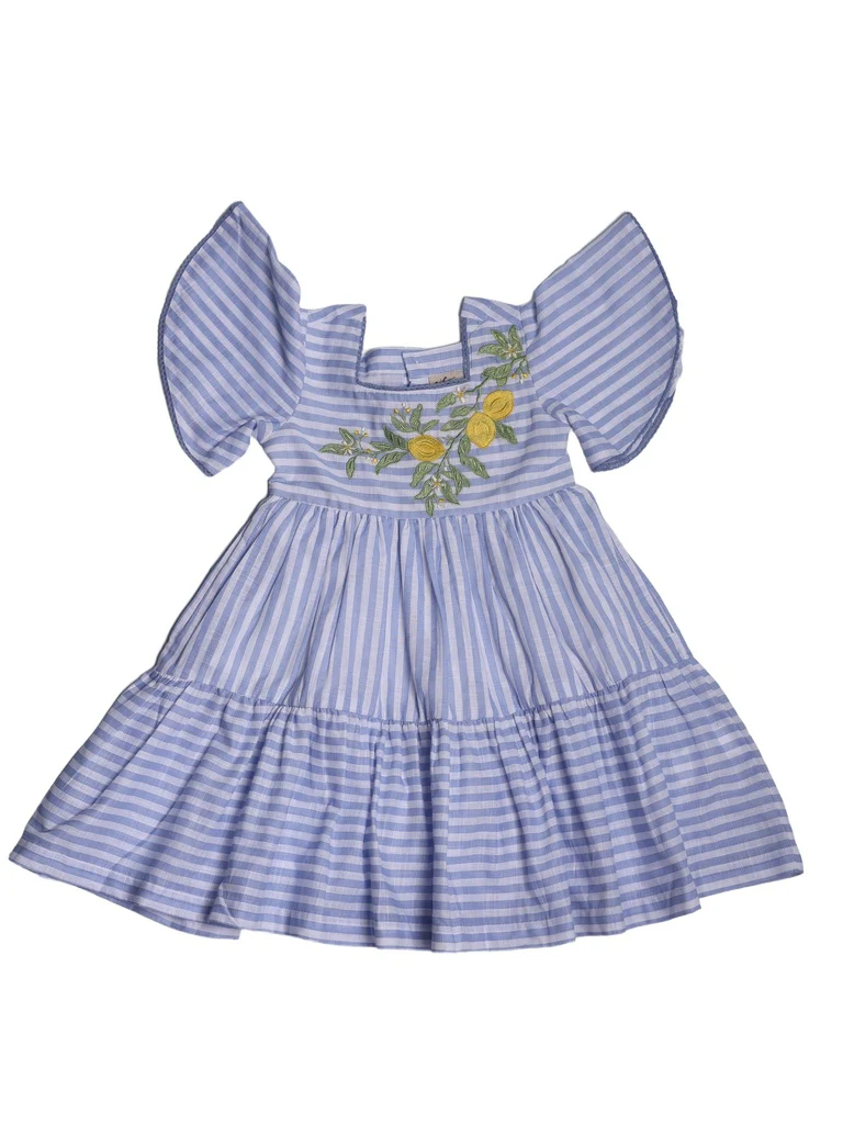 Utsa Kids Girls Blue Embroidered Tiered Cotton Dress - (2-8 yrs) - Image 3
