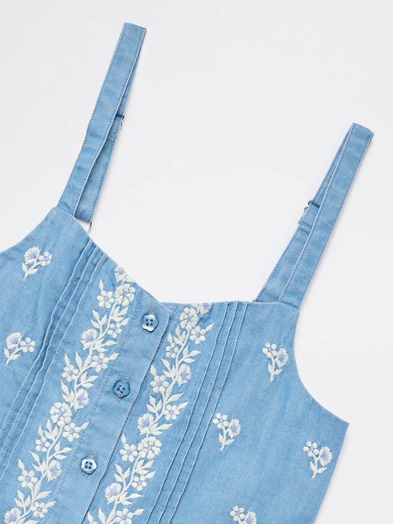 Utsa Kids Girls Blue Floral Embroidered Denim Top - (2-8 yrs) - Image 5