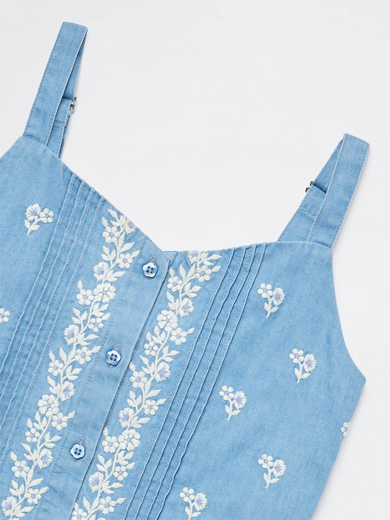 Utsa Kids Girls Blue Floral Embroidered Denim Top - (8-14 yrs) - Image 3