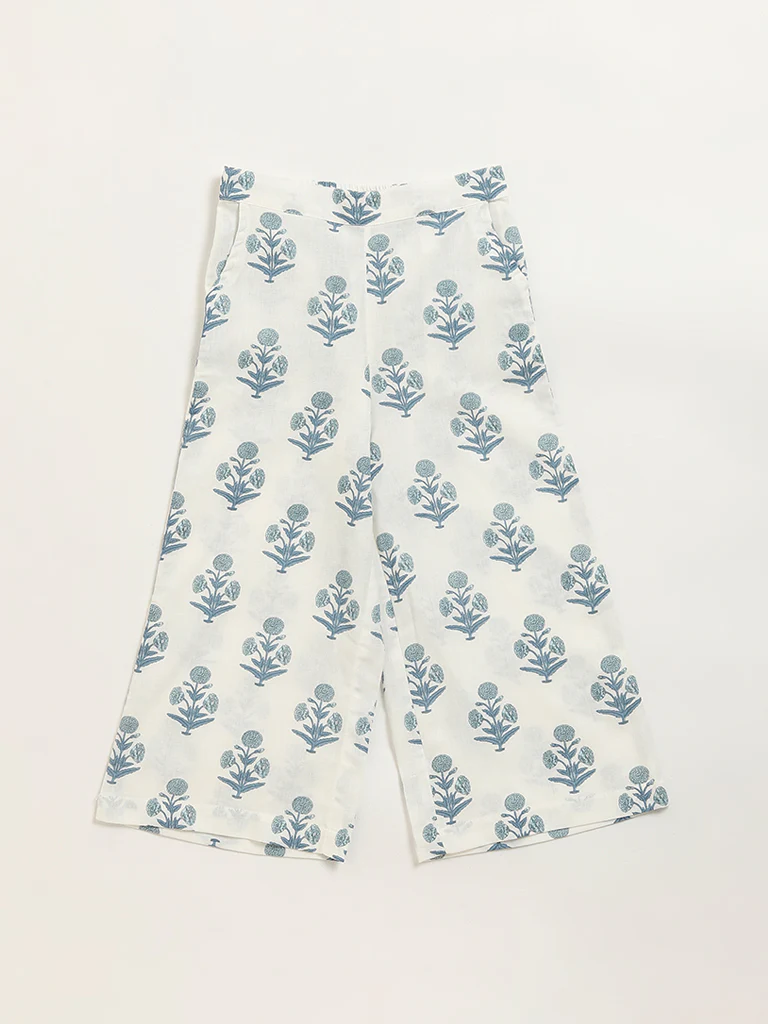 Utsa Kids Girls Blue Floral Printed Cotton-Blend Palazzos - (2-8 yrs)