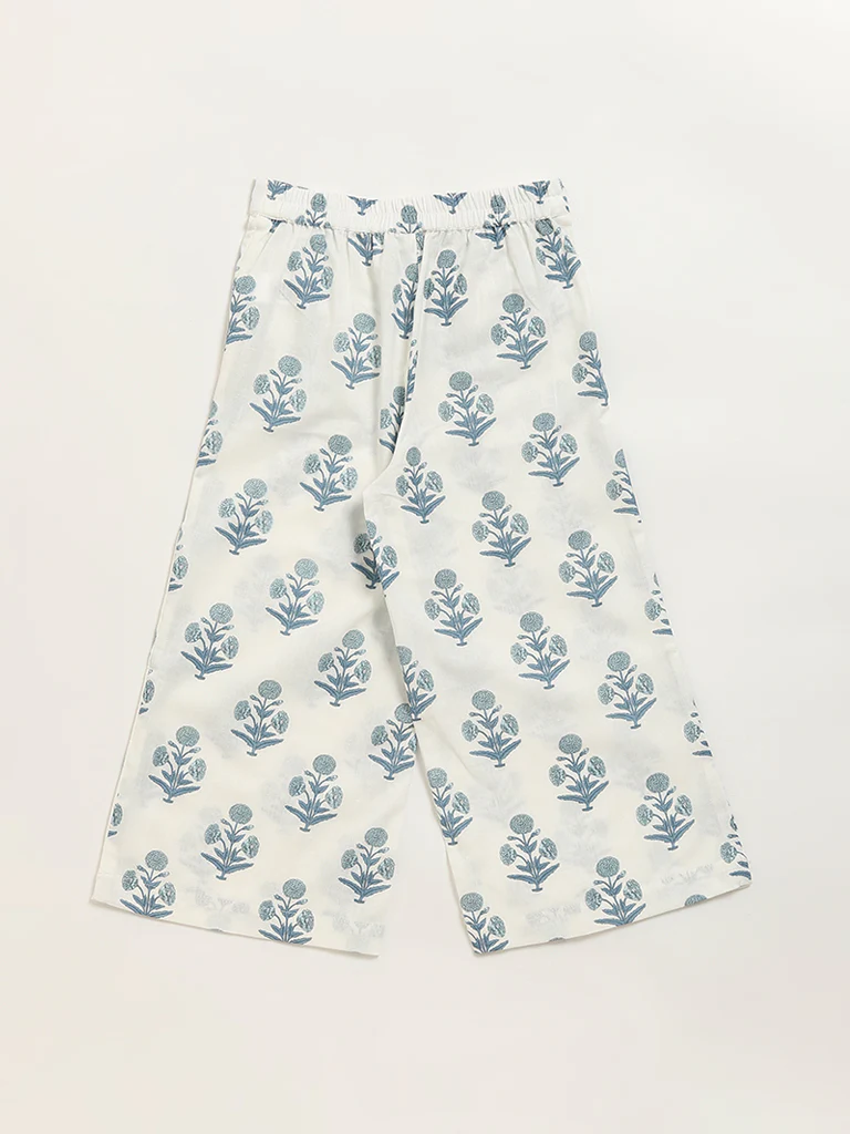 Utsa Kids Girls Blue Floral Printed Cotton-Blend Palazzos - (2-8 yrs) - Image 2