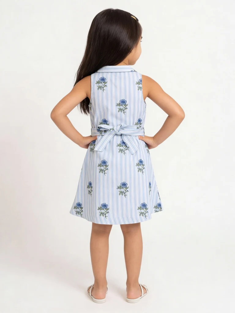 Utsa Kids Girls Blue Printed A-Line Cotton-Blend Dress - (2-8 yrs) - Image 2