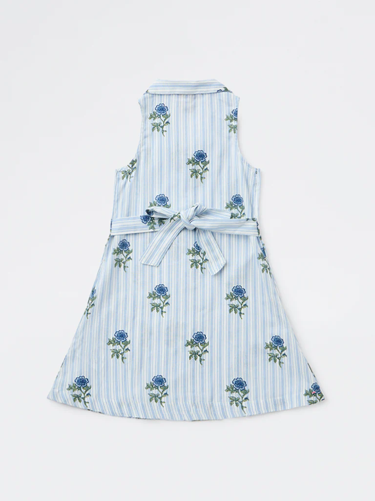 Utsa Kids Girls Blue Printed A-Line Cotton-Blend Dress - (2-8 yrs) - Image 4