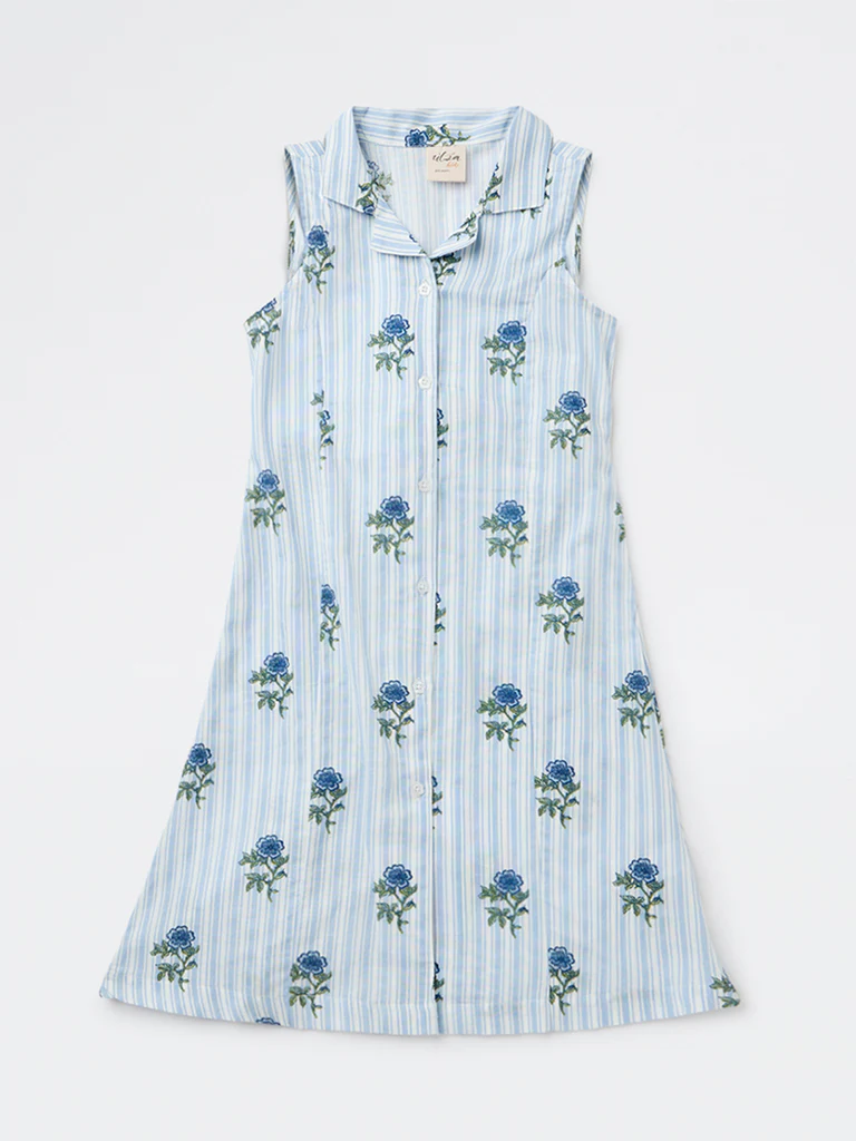 Utsa Kids Girls Blue Printed A-Line Cotton-Blend Dress - (8-14 yrs) - Image 3