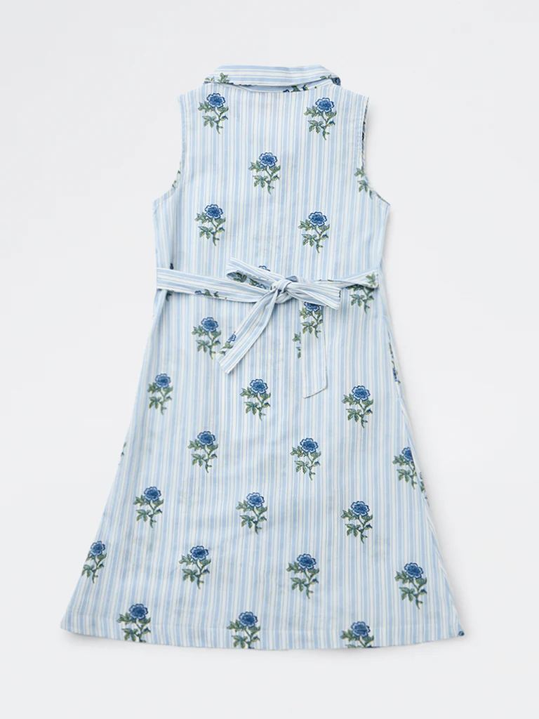Utsa Kids Girls Blue Printed A-Line Cotton-Blend Dress - (8-14 yrs) - Image 4