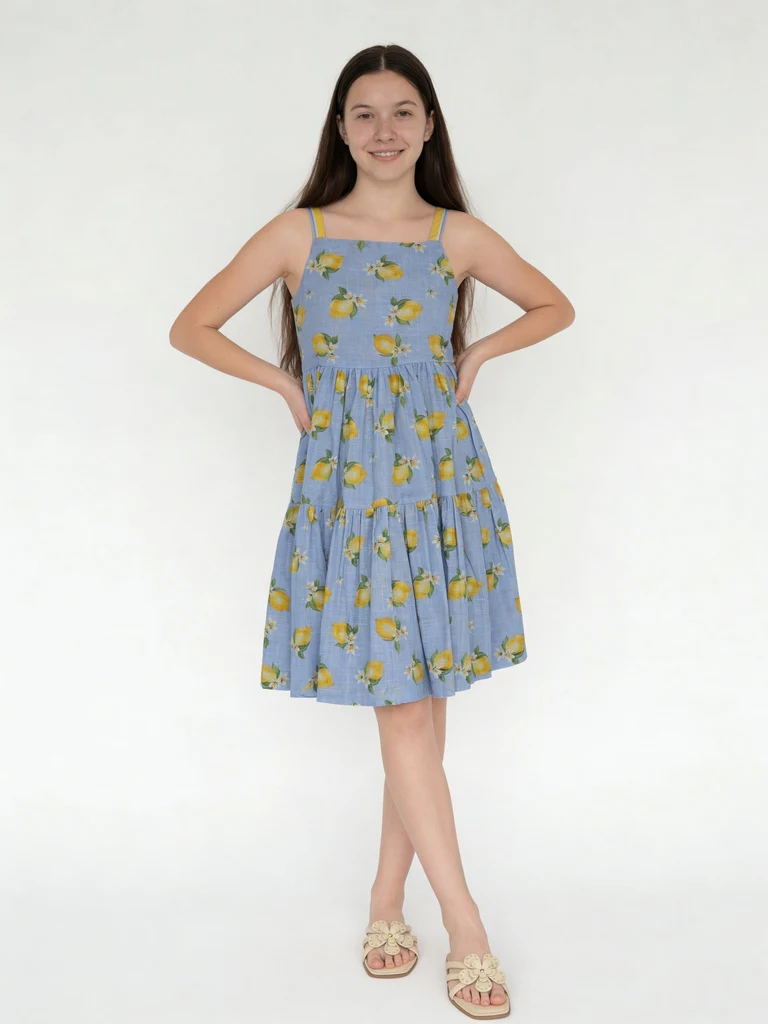 Utsa Kids Girls Blue Printed Tiered Flared Cotton Dress - (8-14 yrs)