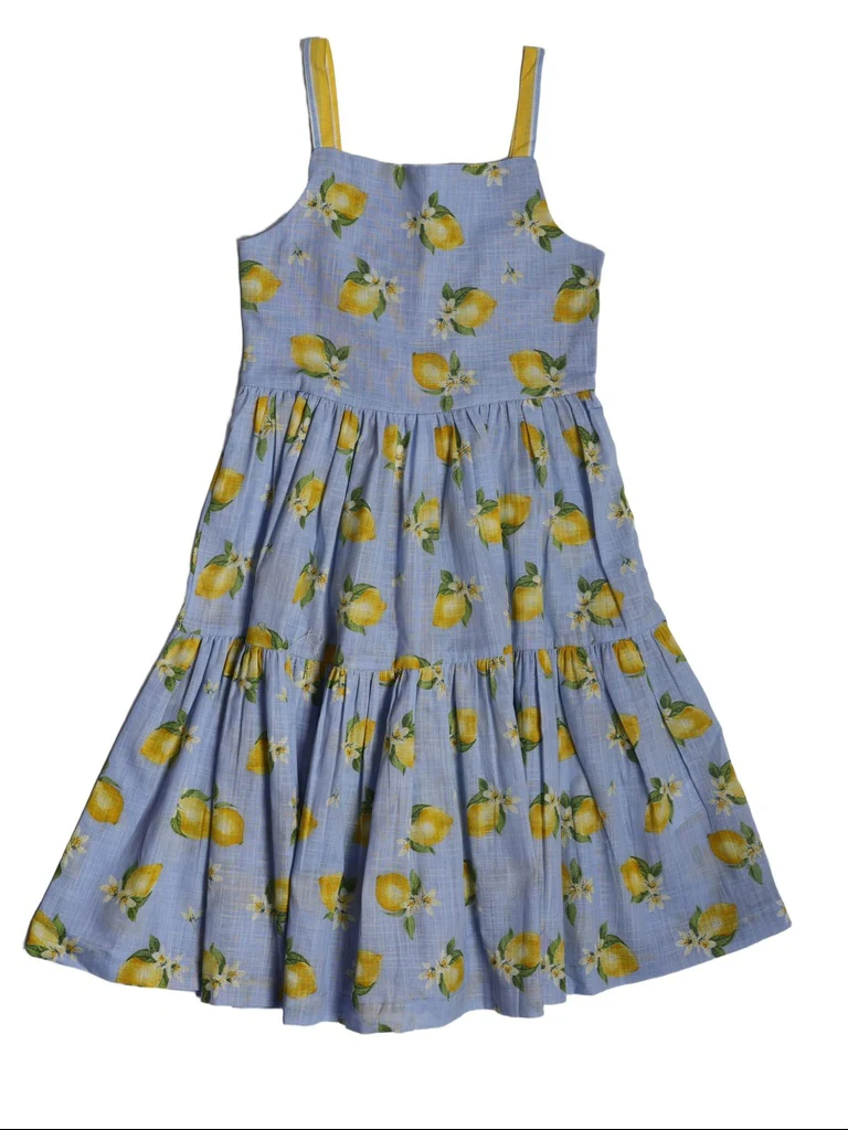 Utsa Kids Girls Blue Printed Tiered Flared Cotton Dress - (8-14 yrs) - Image 3