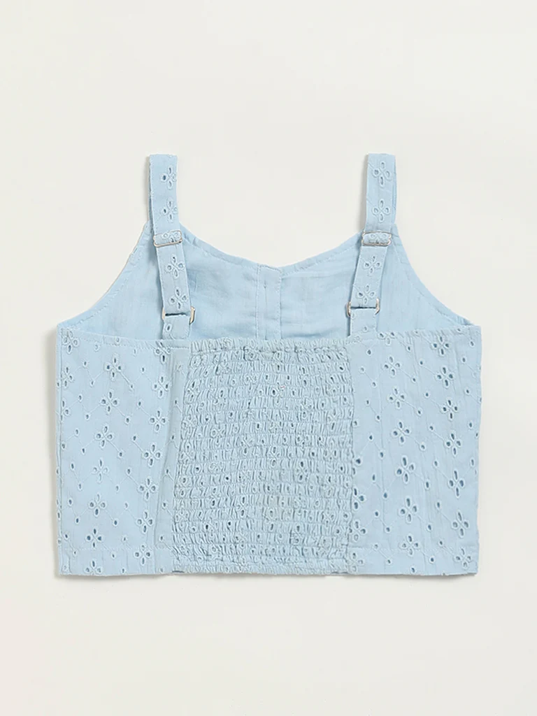 Utsa Kids Girls Blue Schiffli Design Cotton Top - (8-14 yrs) - Image 2