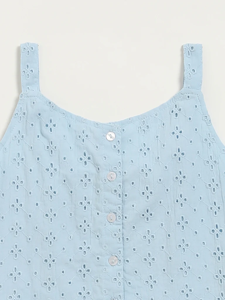 Utsa Kids Girls Blue Schiffli Design Cotton Top - (8-14 yrs) - Image 3