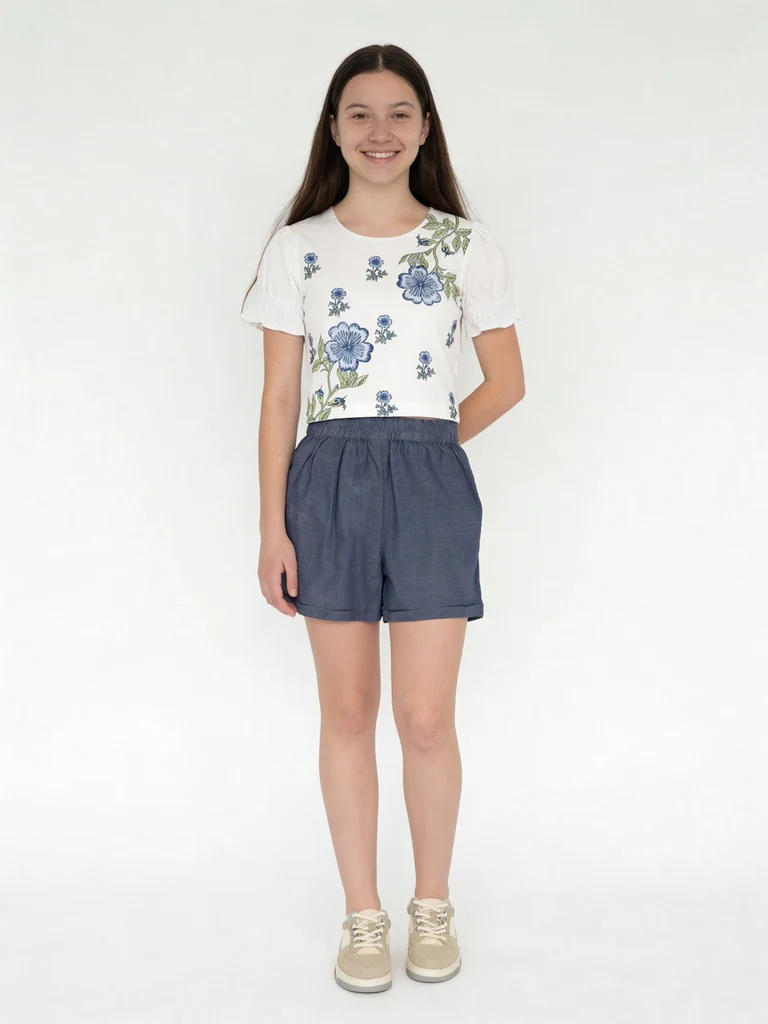 Utsa Kids Girls Blue Solid Cotton Shorts - (8-14 yrs)