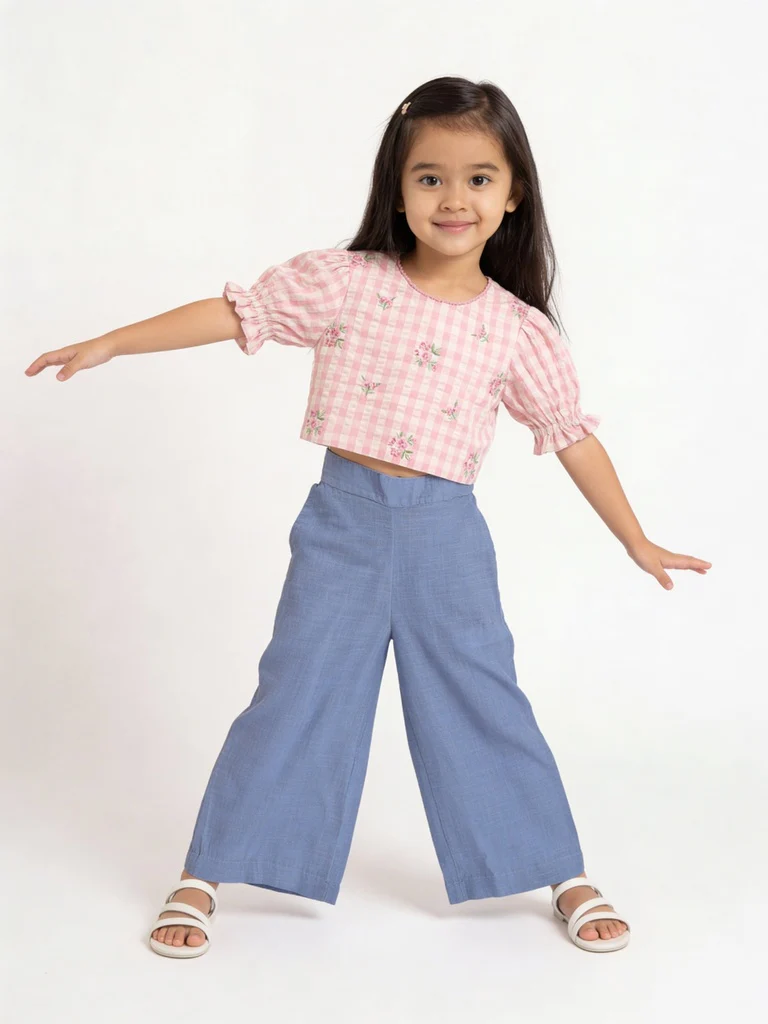 Utsa Kids Girls Blue Wide-Leg Cotton Culotte Pants - (2-8 yrs)