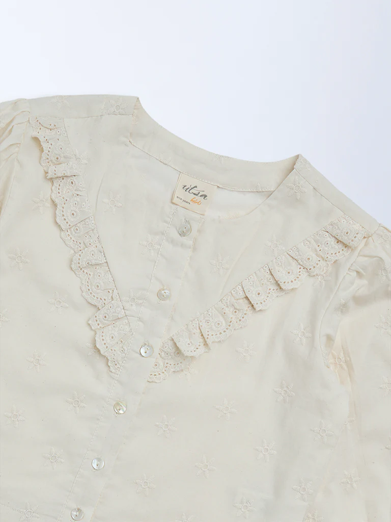 Utsa Kids Girls Cream Floral Cotton Top - (8-14 yrs) - Image 3
