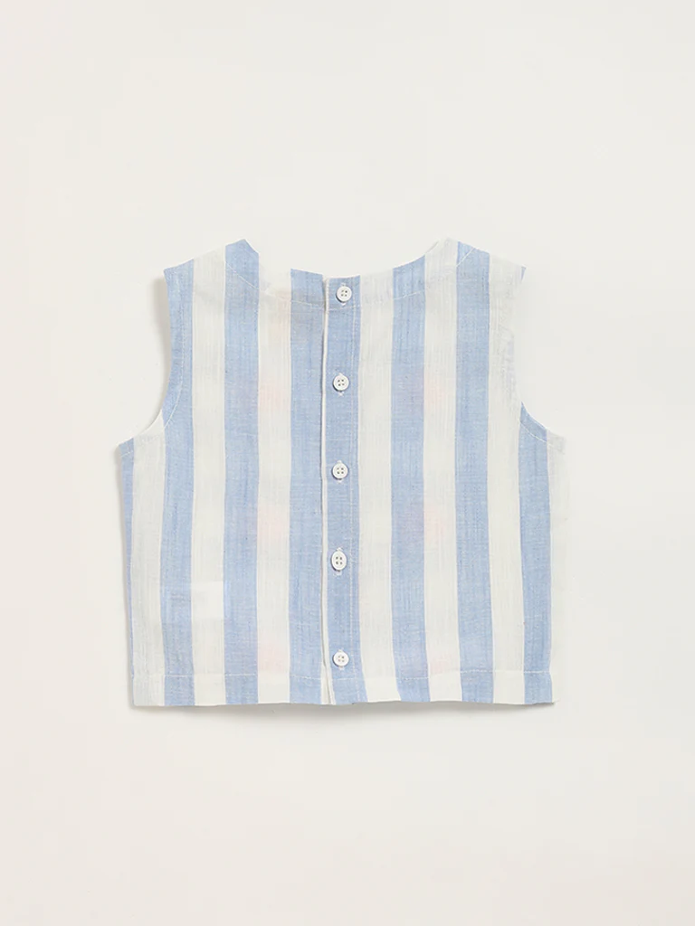 Utsa Kids Girls Floral Embroidered Blue Striped Cotton Top - (2-8 yrs) - Image 2